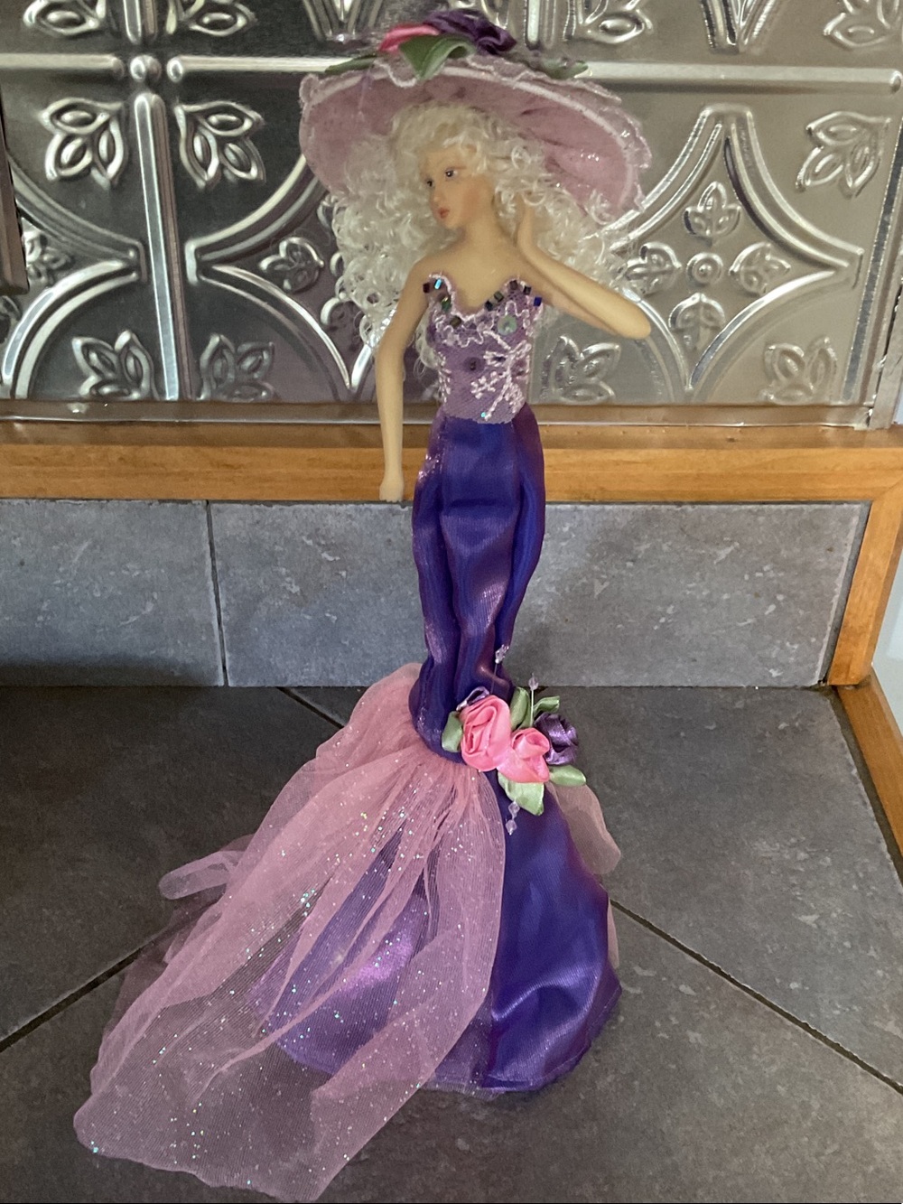 Porcelain Fashion Doll in Purple Gown with Pink Wide-Brim Hat